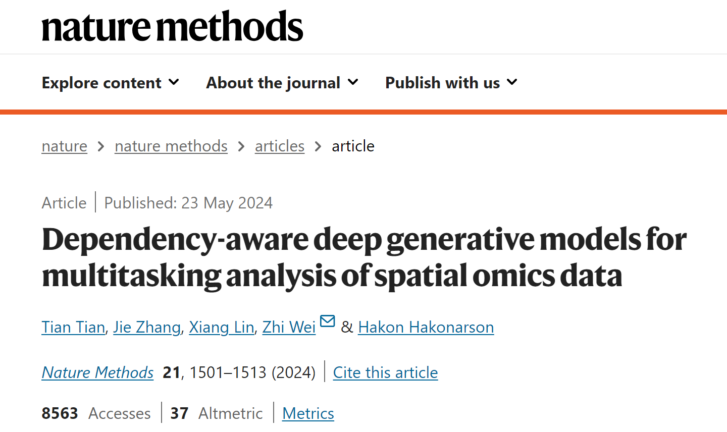 公司田天教授在国际综合性期刊《自然•方法》发表论文